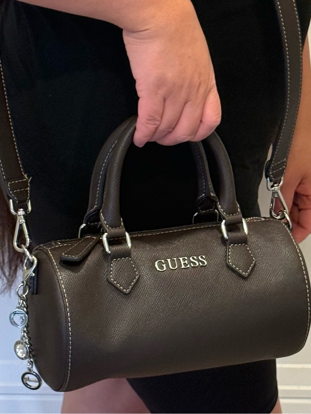 GUESS Brown Mini Barrel Satchel with Silver Charm